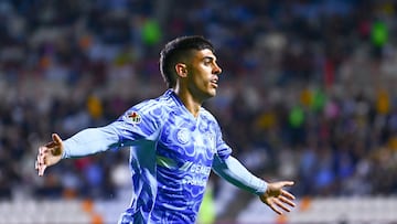 Juan Brunetta celebrates his goal 1-1 of Tigres during the 14th round match between Pachuca vs Tigres UANL as part of the Liga BBVA MX, Torneo Apertura 2025 at Hidalgo Stadium, on October 22, 2025 in Pachuca, Hidalgo, Mexico.