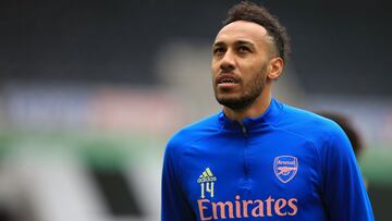 NEWCASTLE UPON TYNE, ENGLAND - MAY 02: Pierre-Emerick Aubameyang of Arsenal looks on prior to during the Premier League match between Newcastle United and Arsenal at St. James Park on May 02, 2021 in Newcastle upon Tyne, England. Sporting stadiums around 