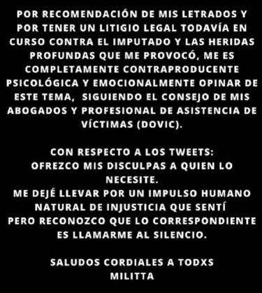 Los duros mensajes de Militta Bora contra Chano Charpentier: "Que vaya preso o al Borda"