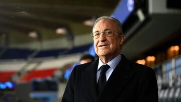 Real Madrid's president Florentino Perez looks on as he attends his team's training session at the Parc des Princes stadium in Paris on February 14, 2022 on the eve of the UEFA Champions League round of 16 first leg football match between Paris