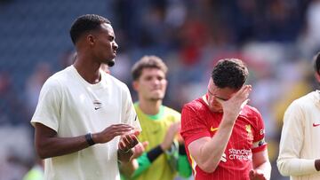 Soccer Football - Pre-Season Friendly - Preston North End v Liverpool - Deepdale, Preston, Britain - July 13, 2025 Liverpool's Andrew Robertson reacts as fans pay tribute to Diogo Jota after the match Action Images via Reuters/Ed Sykes