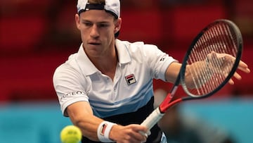 Diego Schwartzman of Argentina returns to Sam Querrey of US (unseen) during their ATP Open Tennis tournament match in Vienna, Austria, October 24, 2019. (Photo by Lukas HUTER / various sources / AFP) / Austria OUT