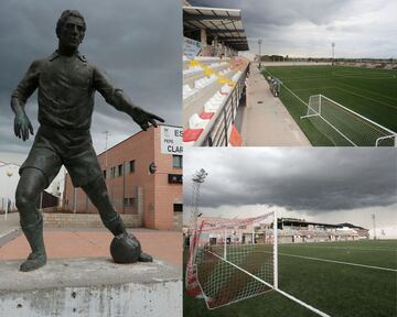 La estatua de Claramunt luce a la entrada del estadio del Puçol, el estadio que lleva su nombre y el campo en el que Javi Guerra dio sus primeras patadas al balón.