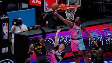 Apr 8, 2021; Miami, Florida, USA; Miami Heat forward Precious Achiuwa (5) blocks the shot of Los Angeles Lakers guard Wesley Matthews (9) during the second half at American Airlines Arena. Mandatory Credit: Jasen Vinlove-USA TODAY Sports