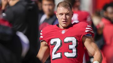 SANTA CLARA, CALIFORNIA - OCTOBER 23: Christian McCaffrey #23 of the San Francisco 49ers stands on the sidelines against the Kansas City Chiefs during the first quarter at Levi's Stadium on October 23, 2022 in Santa Clara, California. Thearon W. Henderson/Getty Images/AFP