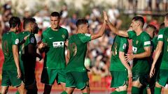 Los jugadores del Elche se felicitan tras marcar un gol.