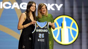 Apr 13, 2026; New York, NY, USA; WNBA Commissioner Cathy Engelbert (right) poses for photos with Gabriela Jaquez who was selected fifth overall by the Chicago Sky during the 2026 WNBA Draft at The Shed at Hudson Yards. Mandatory Credit: Brad Penner-Imagn Images