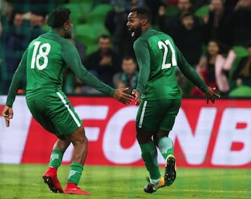 Alex Iwobi (left) and Brian Idowu of Nigeria celebrate during Nigeria's win over Argentina.