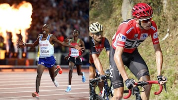 Mo Farah celebra su victoria en los 10.000 metros en los Mundiales de Atletismo de Londres y Chris Froome rueda durante la pasada Vuelta a Espa&ntilde;a.