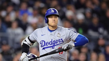 NEW YORK, NEW YORK - OCTOBER 28: Shohei Ohtani #17 of the Los Angeles Dodgers reacts after being walked in the first inning against the New York Yankees during Game Three of the 2024 World Series at Yankee Stadium on October 28, 2024 in the Bronx borough of New York City. Alex Slitz/Getty Images/AFP (Photo by Alex Slitz / GETTY IMAGES NORTH AMERICA / Getty Images via AFP)