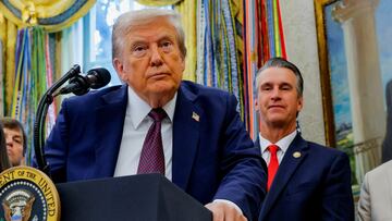 U.S. President Donald Trump listens to a question during an event to announce that the Space Force Command will move from Colorado to Alabama, in the Oval Office at the White House in Washington, D.C., U.S., September 2, 2025. REUTERS/Brian Snyder