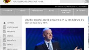 Imagen de la web de la RFEF dando su apoyo a Infantino.