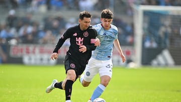 Mar 22, 2026; New York, New York, USA; Inter Miami forward Lionel Messi (10) runs with the ball chased by New York City FC midfielder Jonathan Shore (32) during the second half at Yankee Stadium. Mandatory Credit: Mark Smith-Imagn Images