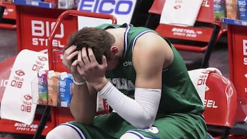 Jan 17, 2021; Dallas, Texas, USA; Dallas Mavericks guard Luka Doncic (77) reacts during the second half against the Chicago Bulls at American Airlines Center. Mandatory Credit: Kevin Jairaj-USA TODAY Sports