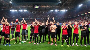 (From L) Albania's midfielder #14 Qazim Laci, Albania's midfielder #08 Klaus Gjasula, Albania's forward #16 Medon Berisha and Albania's forward #15 Taulant Seferi acknowledge the public at the end of the UEFA Euro 2024 Group B football match between Albania and Spain at the Duesseldorf Arena in Duesseldorf on June 24, 2024. (Photo by Alberto PIZZOLI / AFP)