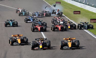 El Alfa Romeo de Valtteri Bottas choca con el Williams' Alexander Albon, provocando el final de ambos de la carrera en el GP de Japón