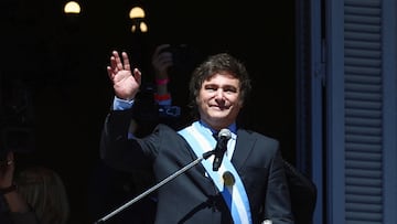 Argentina's President Javier Milei waves to supporters gathered outside Casa Rosada after his swearing-in ceremony, in Buenos Aires, Argentina December 10, 2023. REUTERS/Matias Baglietto