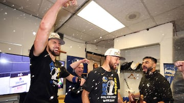 Stephen Curry #30 and Klay Thompson #11 of the Golden State Warriors celebrate after Game Six of the 2022 NBA Finals on June 16, 2022 at TD Garden in Boston, Massachusetts.