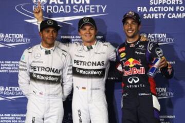 Los tres primeros en la clasificación, Lewis Hamilton, Nico Rosberg y Daniel Ricciardo. 