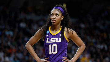 ALBANY, NEW YORK - APRIL 01: Angel Reese #10 of the LSU Tigers looks on during the first half against the Iowa Hawkeyes in the Elite 8 round of the NCAA Women's Basketball Tournament at MVP Arena on April 01, 2024 in Albany, New York.   Sarah Stier/Getty Images/AFP (Photo by Sarah Stier / GETTY IMAGES NORTH AMERICA / Getty Images via AFP)