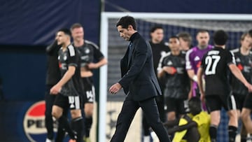 Villarreal's Spanish coach Marcelino Garcia Toral leaves after the UEFA Champions League league phase day 6 football match between Villarreal CF and FC Copenhagen at La Ceramica Stadium in Vila-real on December 10, 2025. Copenhagen won 2-3. (Photo by JOSE JORDAN / AFP)