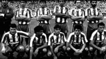 03-09-1989. Arriba, de izqda. a dcha.: Isidro, Juanma, Emilio, Abelardo, Eraña, Jiménez. Abajo: Tati, Calleja, Alcázar, Villa y Kevin Moran.