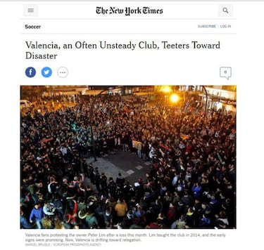 The New York Times se hace eco de la crisis en el Valencia