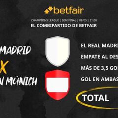 Real Madrid vs. Bayern Múnich: Combipartido de Betfair a cuota 22.0
