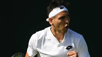 LONDON, ENGLAND - JUNE 27: Alejandro Tabilo of Chile celebrates against Laslo Djere of Serbia during the Men's Singles First Round match during Day One of The Championships Wimbledon 2022 at All England Lawn Tennis and Croquet Club on June 27, 2022 in London, England. (Photo by Justin Setterfield/Getty Images)