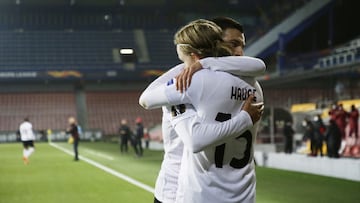 Soccer Football - Europa League - Group H - Sparta Prague v AC Milan - Letna Stadium, Prague, Czech Republic - December 10, 2020 AC Milan&#039;s Jens Petter Hauge celebrates scoring their first goal with teammate REUTERS/David W Cerny