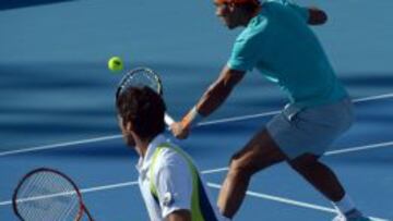 Nadal y Andujar durante el encuentro de dobles ante Berdych e Isner.