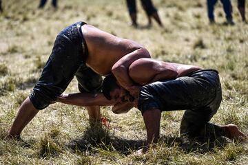 Los luchadores turcos pelean durante el 661º torneo anual de lucha libre de aceite de oliva de Kirkpinar en Sarayici, cerca de Edirne, en el oeste de Turquía. En Kirkpinar, los concursantes, desnudos hasta la cintura, están empapados en aceite de oliva de pies a cabeza y visten pantalones de cuero especialmente diseñados. Los combates uno contra uno que se organizan cada verano se parecen mucho a los primeros que se celebraron hace casi 650 años. Tres toneladas de aceite de oliva se utilizan cada año para la ocasión. 