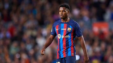 BARCELONA, SPAIN - NOVEMBER 05: Ansu Fati of FC Barcelona looks on during the LaLiga Santander match between FC Barcelona and UD Almeria at Spotify Camp Nou on November 05, 2022 in Barcelona, Spain. (Photo by Silvestre Szpylma/Quality Sport Images/Getty Images)