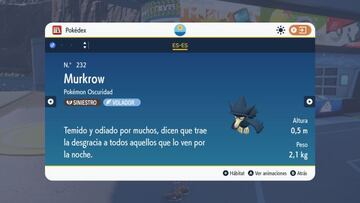 Entrada de la Pok&eacute;Dex de Murkrow en Pok&eacute;mon Escarlata