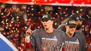 Jan 28, 2024; Santa Clara, California, USA; San Francisco 49ers quarterback Brock Purdy (13) celebrates after winning the NFC Championship football game against the Detroit Lions at Levi's Stadium. Mandatory Credit: Kelley L Cox-USA TODAY Sports