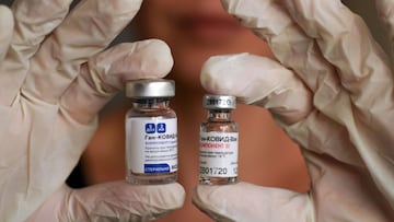 20 April 2021, Argentina, Buenos Aires: A person shows two vials of Sputnik V vaccine against Covid-19. Richmond Laboratory manufactured a first batch of Sputnik V vaccine in Argentina and sent it to Russia for evaluation. The lab intends to manufacture t