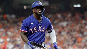 HOUSTON, TEXAS - OCTOBER 22: Adolis Garcia #53 of the Texas Rangers reacts after striking out against Framber Valdez #59 of the Houston Astros during the fourth inning in Game Six of the American League Championship Series at Minute Maid Park on October 22, 2023 in Houston, Texas.   Carmen Mandato/Getty Images/AFP (Photo by Carmen Mandato / GETTY IMAGES NORTH AMERICA / Getty Images via AFP)