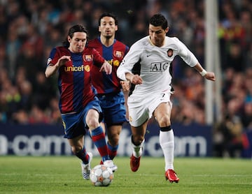Messi y Cristiano Ronaldo en el Manchester United durante un aprtido de Champions Lleague en 2008.