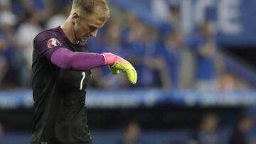 FILE - In this Monday, June 27, 2016 file photo, England goalkeeper Joe Hart walks on the pitch during the Euro 2016 round of 16 soccer match between England and Iceland, at the Allianz Riviera stadium in Nice, France. Manchester City manager Pep Guardiola has cast doubt on whether goalkeeper Joe Hart remains part of the club’s long-term plans. Asked how central Hart was to City on Friday, Aug. 12, Guardiola said he is happy with the England international’s “behavior and what he means to this club” before adding “after, we are going to decide inside the doors. (AP Photo/Pavel Golovkin, file)