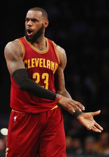 LeBron James #23 of the Cleveland Cavaliers reacts to a call in the fourth quarter against the Brooklyn Nets