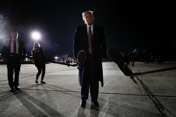 U.S. President Donald Trump reacts after learning of the death of U.S. Supreme Court Justice Ruth Bader Ginsburg, following a campaign event at the Bemidji Regional Airport in Bemidji, Minnesota