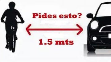 Un ciclista separado de un coche con un texto en rojo que pone &quot;Pides esto&quot; y 1,5 metros. 