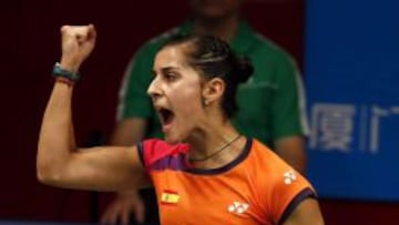La española Carolina celebra su pase a las semifinales de los campeonatos del mundo de Bádminton en Yakarta (Indonesia).
