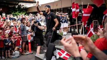 Denmark defender Mathias Jorgensen leaves the team hotel ahead of the semi-final against England.