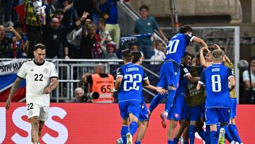 Germany's midfielder #22 David Raum (L) reacts as Slovakia's players celebrate the 2-0 during the 2026 World Cup qualifiers Europe zone group A first round football match between Slovakia and Germany, on September 4, 2025 in Bratislava. (Photo by Joe Klamar / AFP)