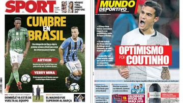 Portadas de los diarios Sport y Mundo deportivo del día 15 de diciembre de 2017.