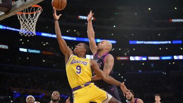 January 24, 2019; Los Angeles, CA, USA; Los Angeles Lakers guard Rajon Rondo (9) moves to the basket ahead of Minnesota Timberwolves guard Jerryd Bayless (8) during the second half at Staples Center. Mandatory Credit: Gary A. Vasquez-USA TODAY Sports