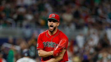 Mar 20, 2023; Miami, Florida, USA; Mexico starting pitcher Patrick Sandoval (43) reacts after the fourth inning against Japan at LoanDepot Park. Mandatory Credit: Sam Navarro-USA TODAY Sports