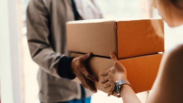 Cropped shot of courier person standing at front door, handing over a parcel to customer. Door to door courier service. Express delivery and online shopping.
