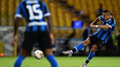 Inter Milan&#039;s Chilean forward Alexis Sanchez shoots on goal during the Italian Serie A football match Parma vs Inter played on June 28, 2020 behind closed doors at the Ennio-Tardini stadium in Parma, as the country eases its lockdown aimed at curbing